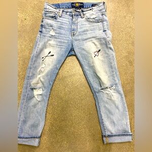 Lucky Brand Cropped Distressed, Ripped Embroidered Jeans “Trouble Maker” Sz 0/25